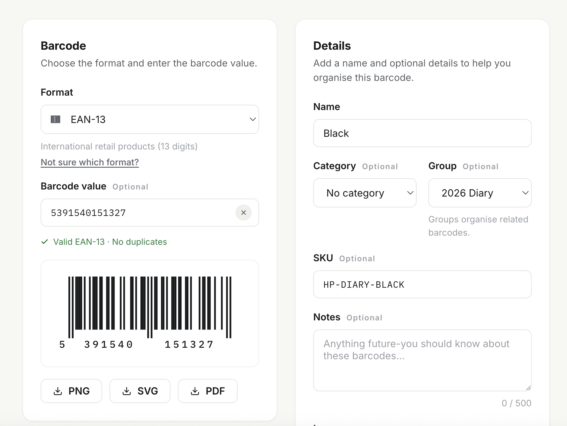 A placeholder view showing barcode format selection, preview, and download options.