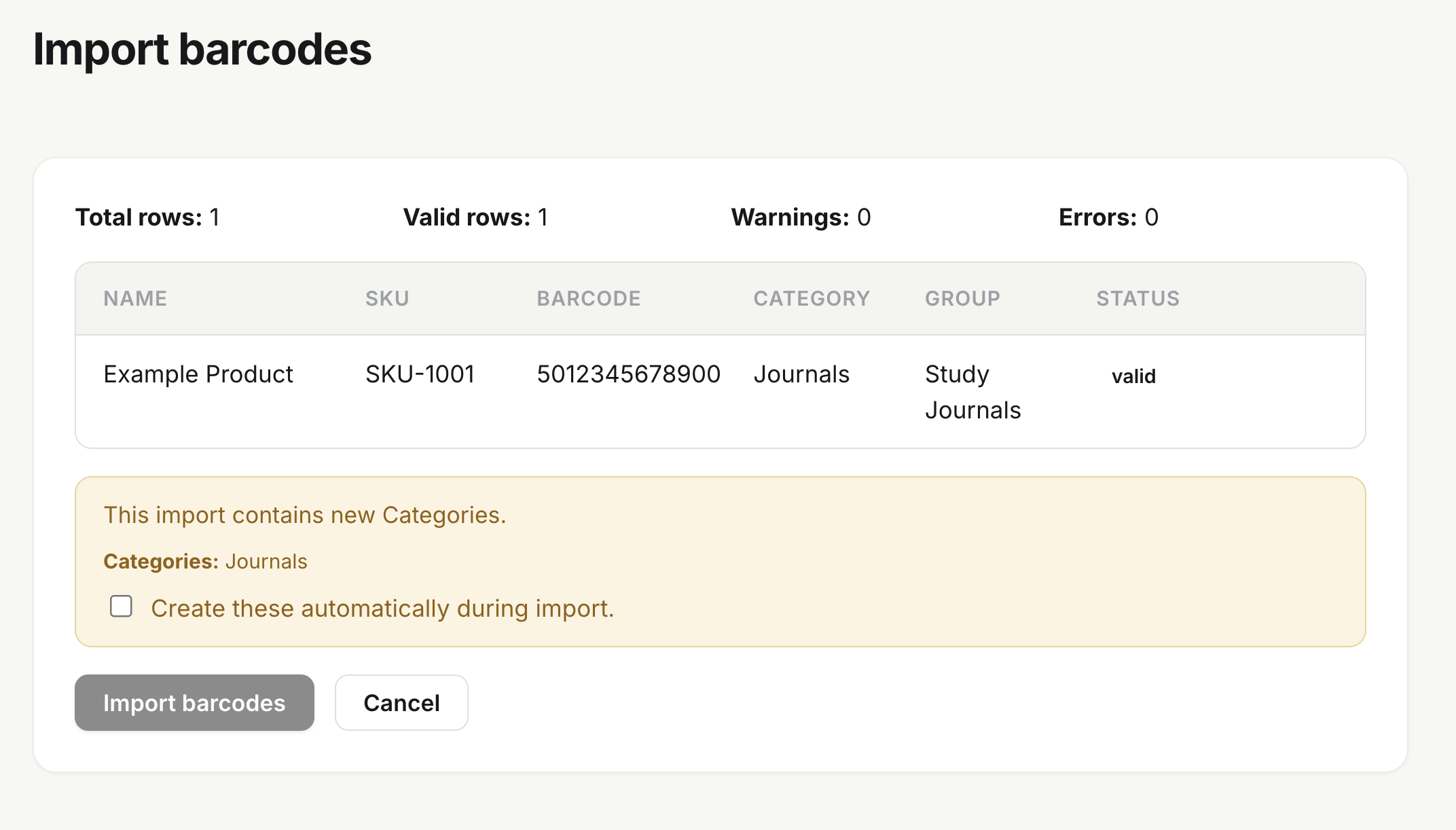 A placeholder screen showing CSV import, data export and barcode management workflows.