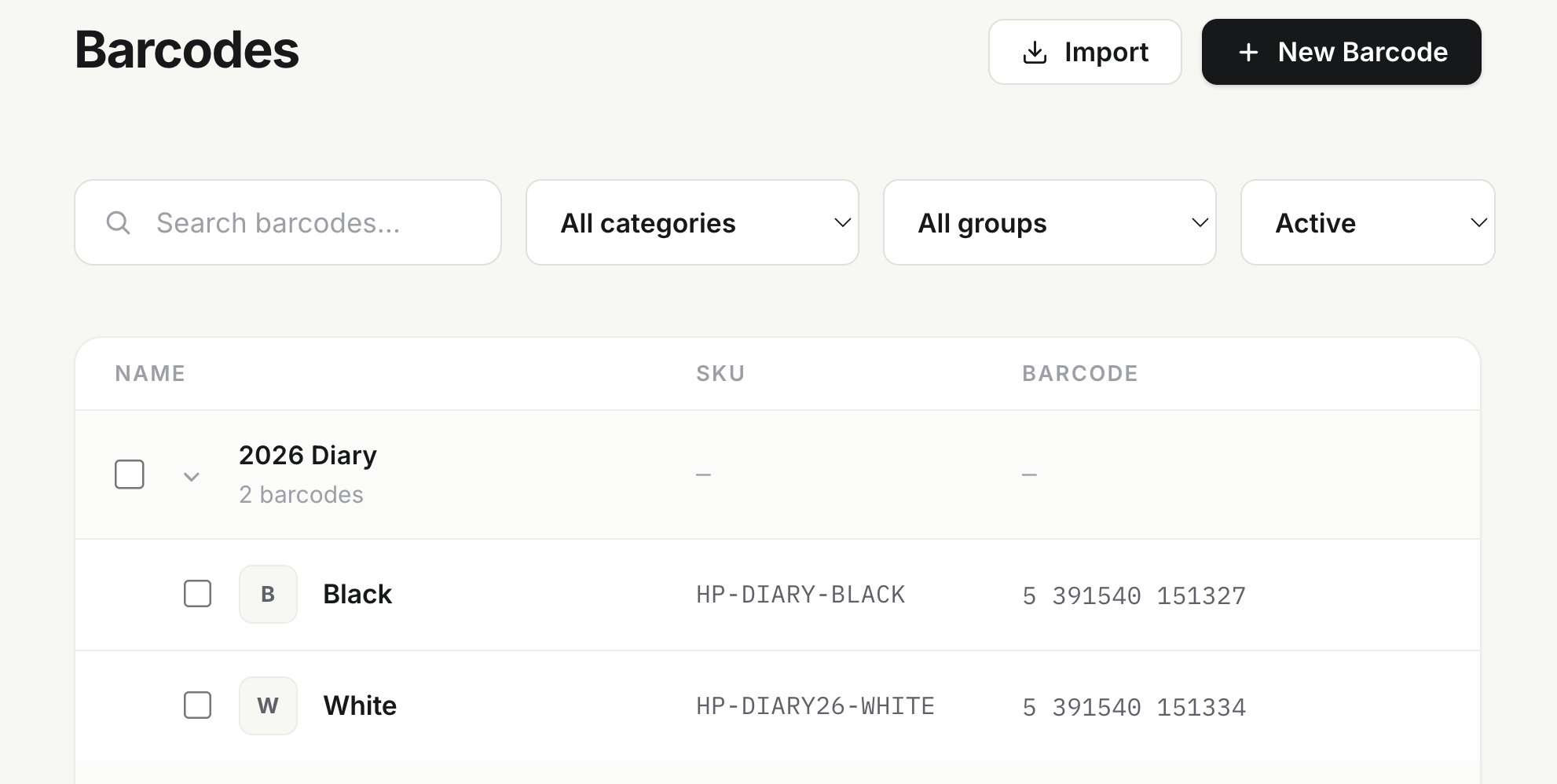 A placeholder dashboard showing barcode data, filters, and search results.