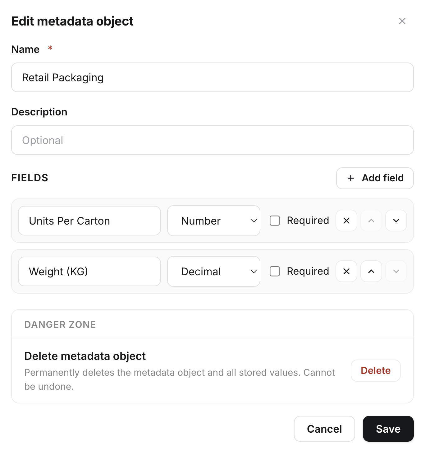 A placeholder screen showing reusable metadata templates, custom fields, and barcode records using them.