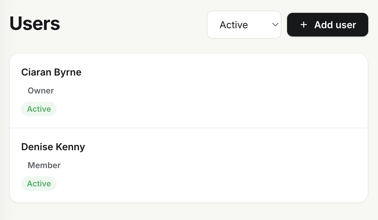 A placeholder admin view showing users, roles, and shared barcode access.